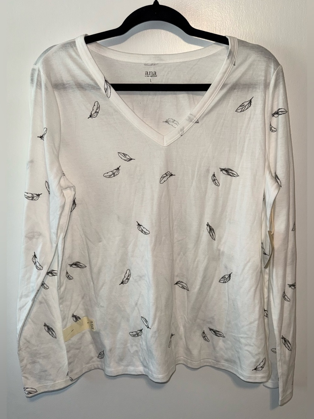a.n.a White V-Neck Long Sleeve Top with Black Feather Motif